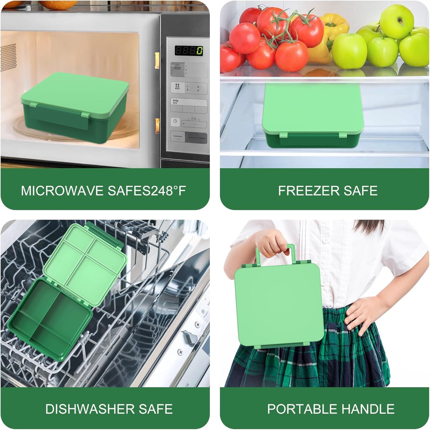 Bento Lunch Box with 8oz Soup Thermo, Kids Leakproof Lunch Food Containers with 4 Compartment, Kids Thermo Insulated Hot Food Jar for School, Trvael-Green