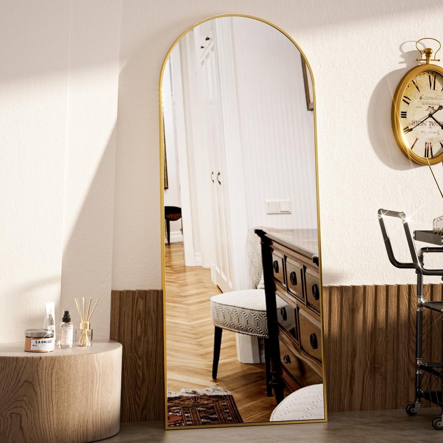 VooBang Arch Mirror Full Length, 26" x 71" Floor Mirror with Stand, Aluminum Alloy Frame Full Body Mirror, Standing Hanging or Leaning Against Wall for Bedroom and Living Room, Gold