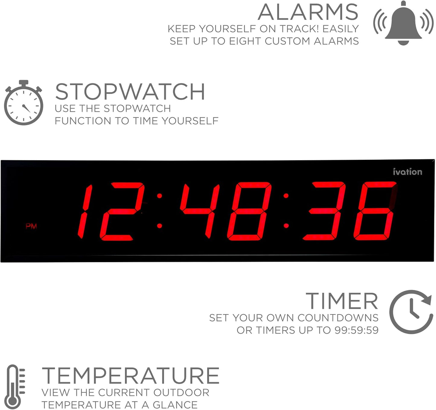 Ivation Huge Oversized 48" Large Digital LED Clock | Big Digital Clock w/Multi-Function Display – Stopwatch, Timer, Alarms, Temp & Date | 6 Brightness Levels, Time Memory & Remote (Red)