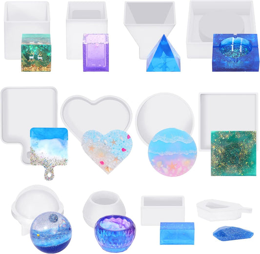 KISREL Resin Molds Kit 12PCS, Epoxy Resin Silicone Molds, Resin Mold Including Cube, Pen Container, Pyramid, Tray, Love, Round, Square, Ball, Flowerpot, Cuboid, Crystal