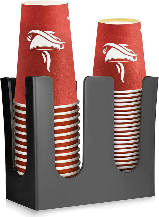 MYITYARD Coffee Cup Dispenser, 2 Compartment Cup and Lid Organizer fits 5 to 16 oz Disposable Paper & Plastic Cups, Acrylic Cup Holder for Table Countertop, Black