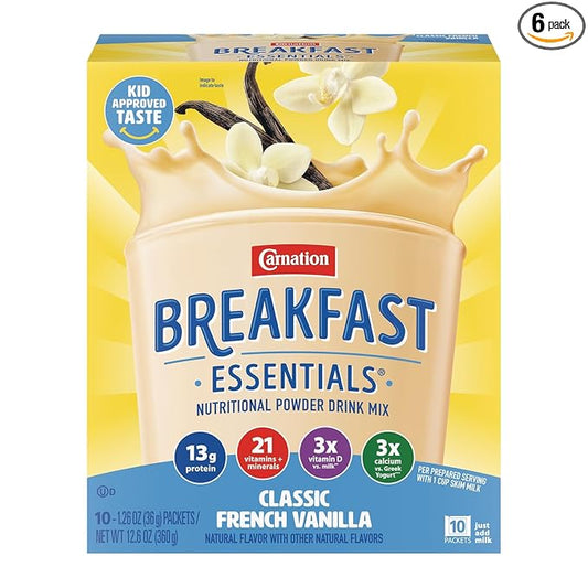 Carnation Breakfast Essentials Powder Drink Mix, Classic French Vanilla, 10 Count Box of 1.26 Ounce Packets (Pack of 6)