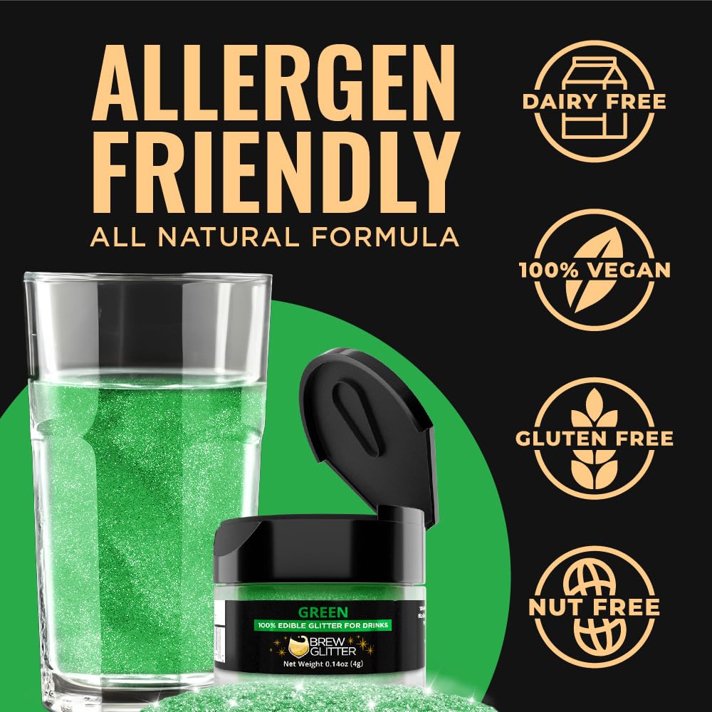 Brew Glitter Green Edible Drink Glitter 1x 4g Jar for Cocktails, Beer, & Beverages