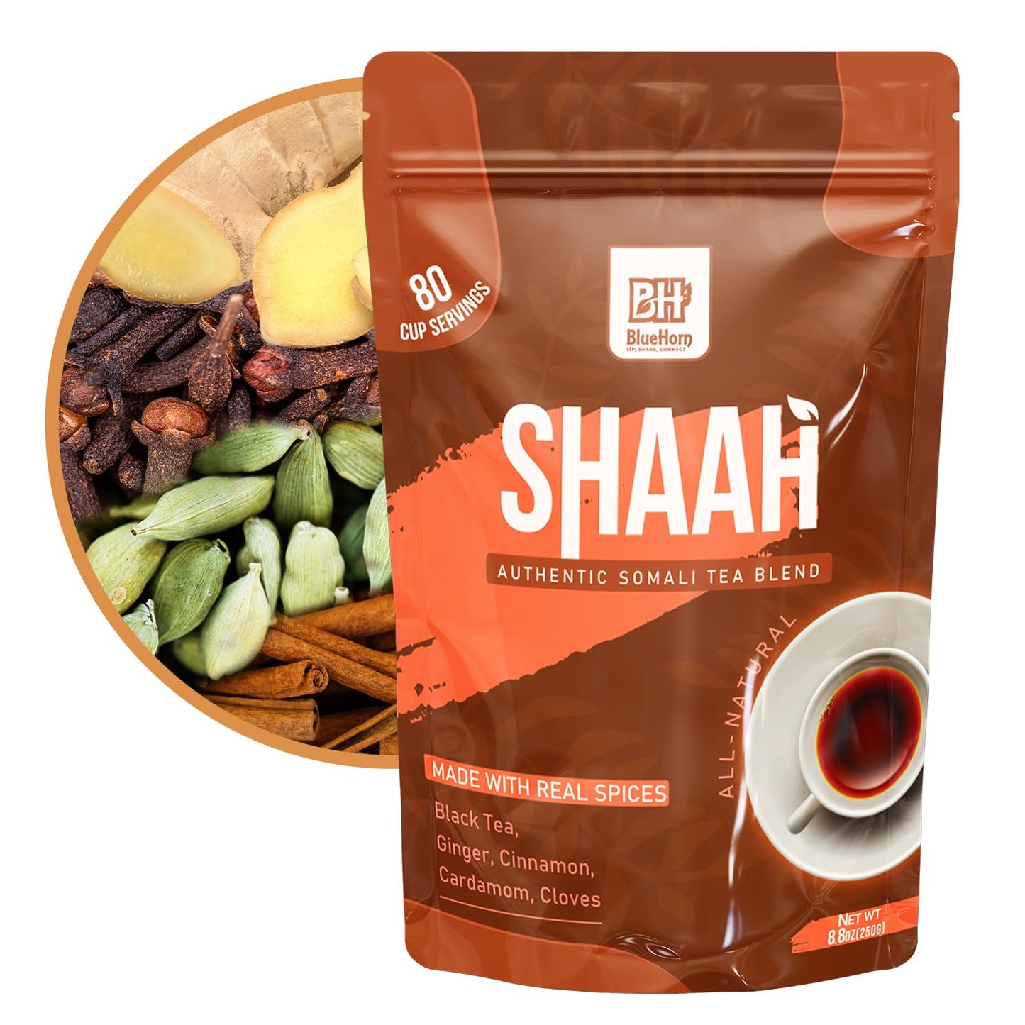 Shaah Authentic Somali Tea – 80 Cups,8.8 oz Organic Loose Leaf Black Tea with Somali Spices | Shaah Tea Blend with Ginger, Cinnamon, Cardamom & Cloves