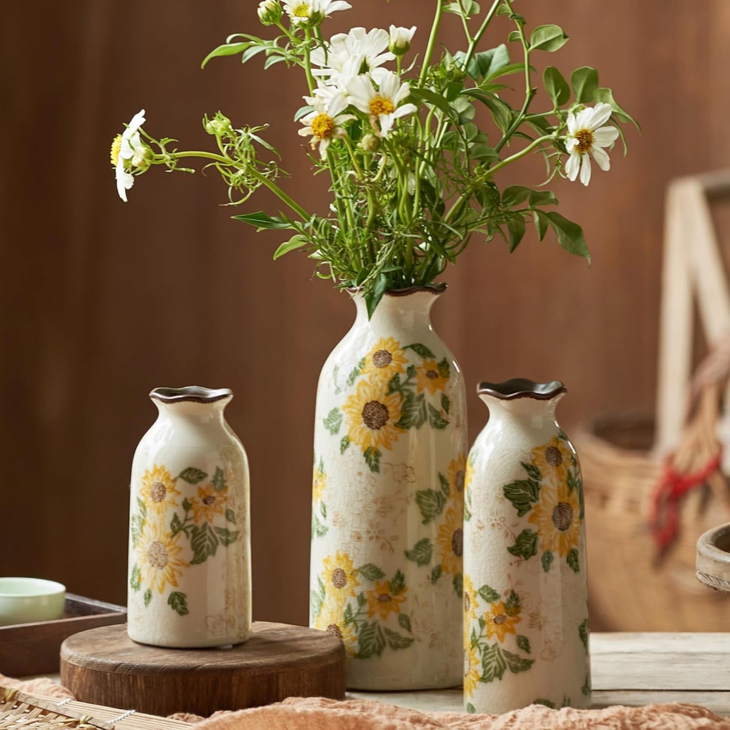 Autumn Ceramic Vase Set of 3, Farmhouse Decor Home Ceramic Vases for Your Kitchen Bedroom Living Room Bathroom & Shelf Centerpiece Table Decorations (H 9.5" + H7.7 + H5.9)