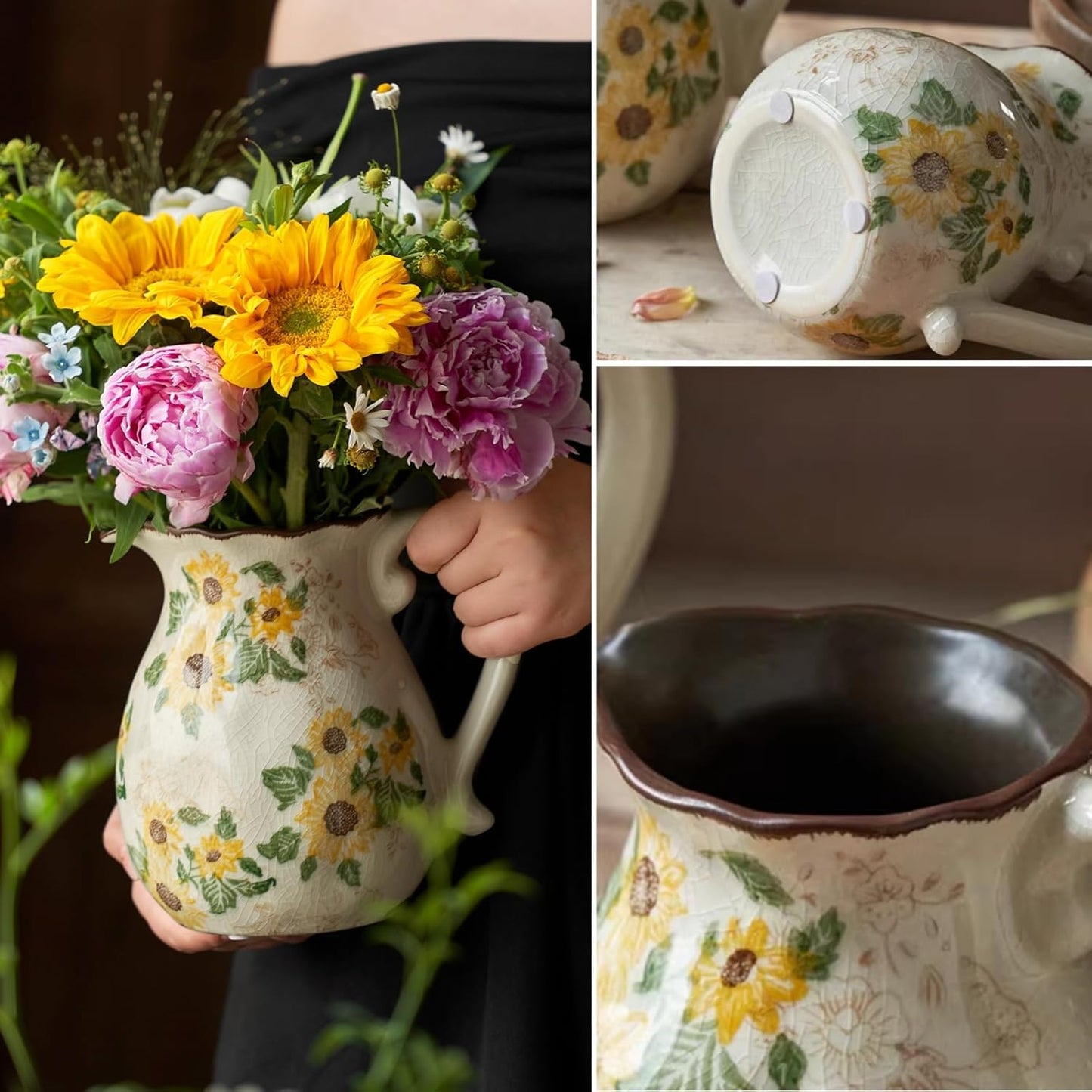 Vintage Vase with Handle, 6 Inch Ceramic Pitcher Sunflower Floral Vase, Rustic Farmhouse Vases for Grandma Core Home Decor, Bookshelf Office Tuscan Decor (Small Teapot)
