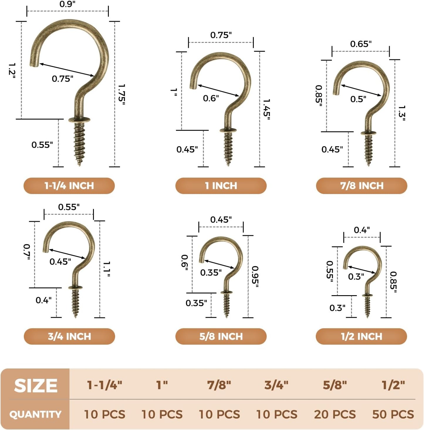 RELBRO Screw Hooks, 6 Sizes Metal Screw in Cup Hooks, 1/2 Inch, 5/8 Inch, 3/4 Inch, 7/8 Inch, 1 Inch, 1-1/4 Inch, Bronze, 110 Pcs
