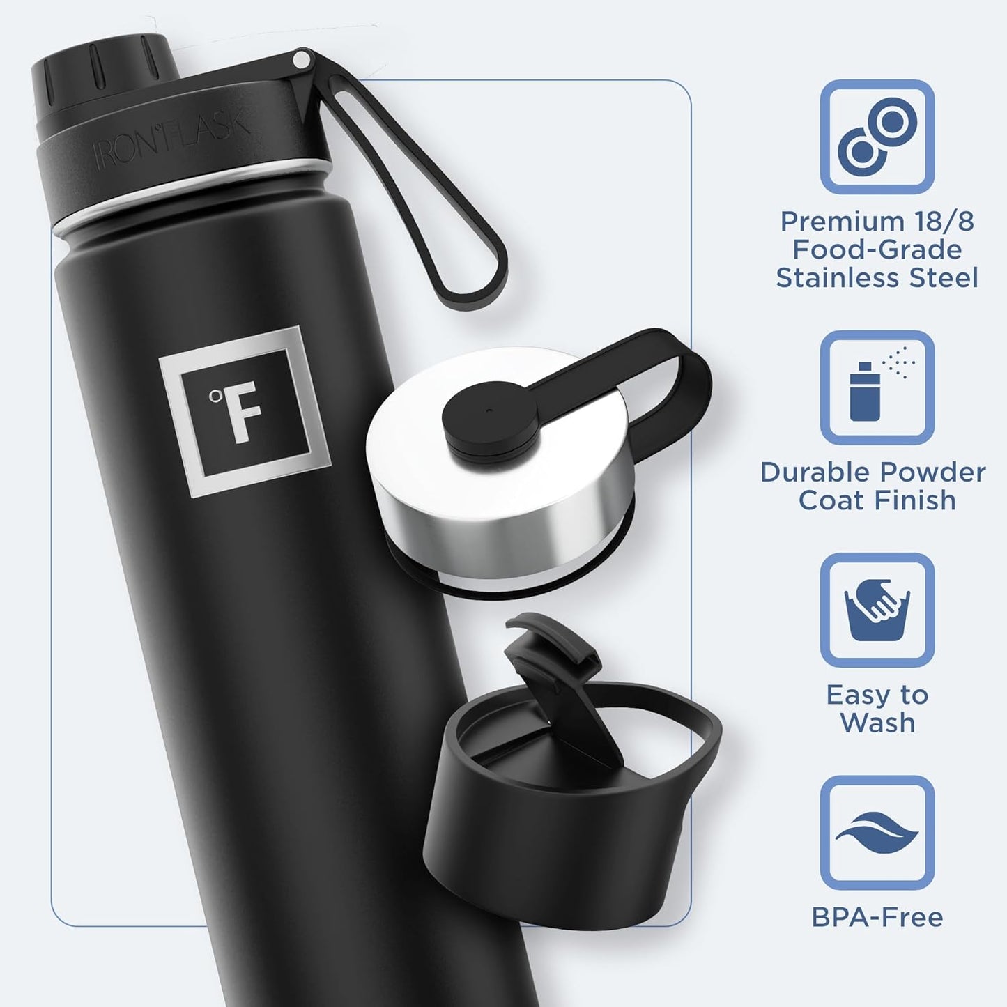 IRON °FLASK Camping & Hiking Hydration Flask with 3 Lids - Stainless Steel, Double Walled & Vacuum Insulated Water Bottle - Leak Proof & BPA Free (Black Marquina, Spout - 22 oz)