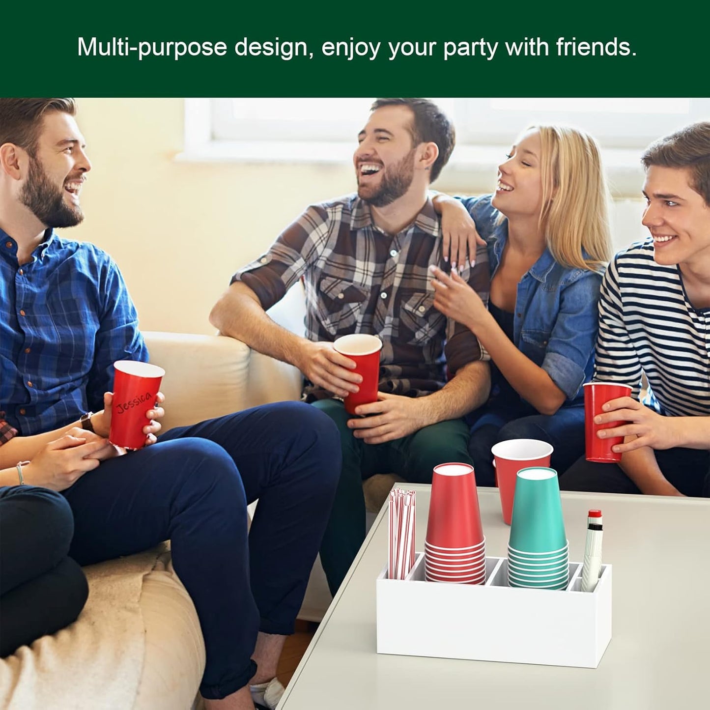 Double Cup Holder with Marker Slot, Party Cup Dispenser Acrylic Cup Organizer Mark Your Cup and Drink Up Caddy Modern Bar Counter Decor, White