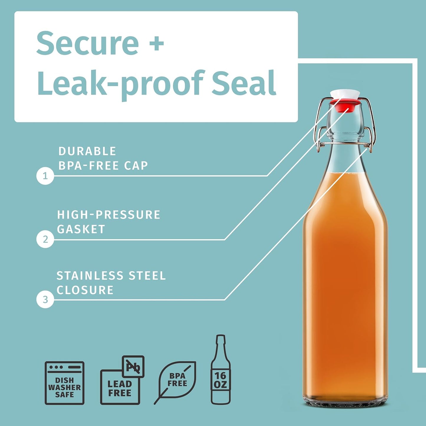 Otis Classic Swing Top Glass Bottles - Set of 6, 16oz w/Marker & Labels - Clear Bottle with Caps for Juice, Water, Kombucha, Wine, Beer Brewing, Kefir Milk or Eggnog