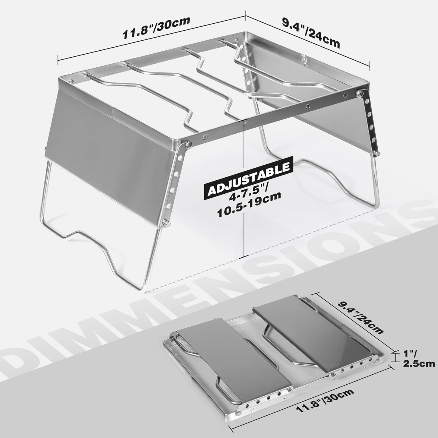 REDCAMP 12" Portable Open Fire Campfire Grill, 304 Stainless Steel Firepit Folding Campfire Grill Grate with Windscreen Height Adjustable Legs and Bag for Outdoor Backpacking Hiking Picnics BBQ