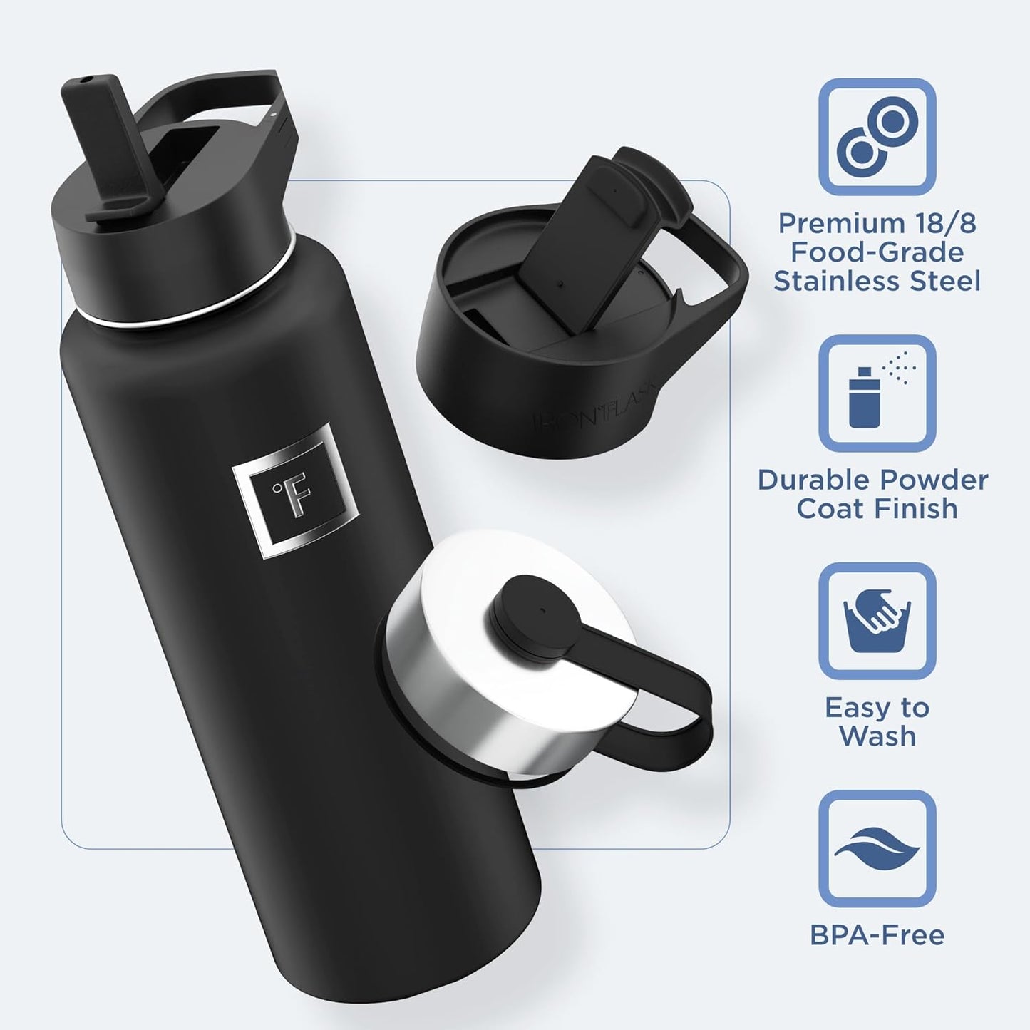 IRON °FLASK Camping & Hiking Hydration Flask with 3 Lids - Stainless Steel, Double Walled & Vacuum Insulated Water Bottle - Leak Proof & BPA Free (Day & Night, Straw - 40 oz)