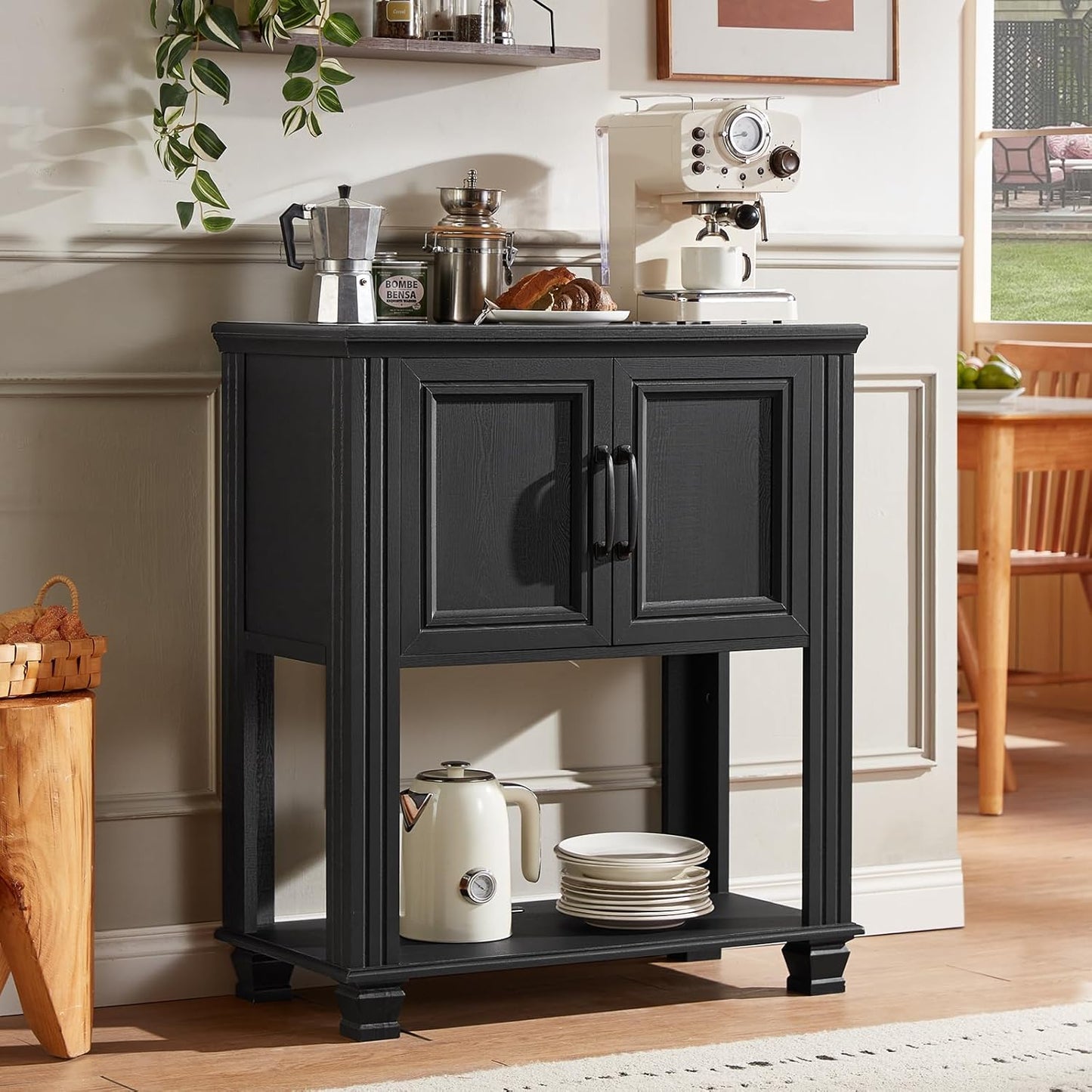 Farmhouse Coffee Bar Station with 2-Door Cabinet, Small Kitchen Cabinet with Open Lower Shelf, Entryway Table with Storage for Dining Room, Kitchen, Hallway, Living Room, Black