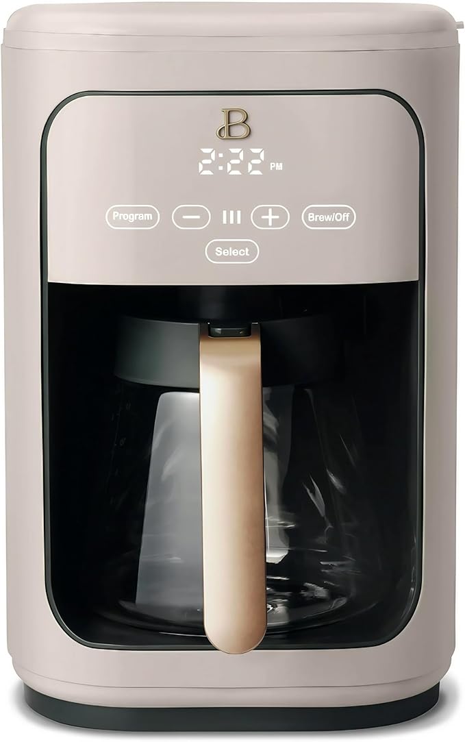 Beautiful by Drew Barrymore 14-Cup Programmable Drip Coffee Maker, Touch-Activated Display, Fast 14-Min Brew, Bold Strength, Keep Warm 4 H, Gold Filter (Porcini Taupe)