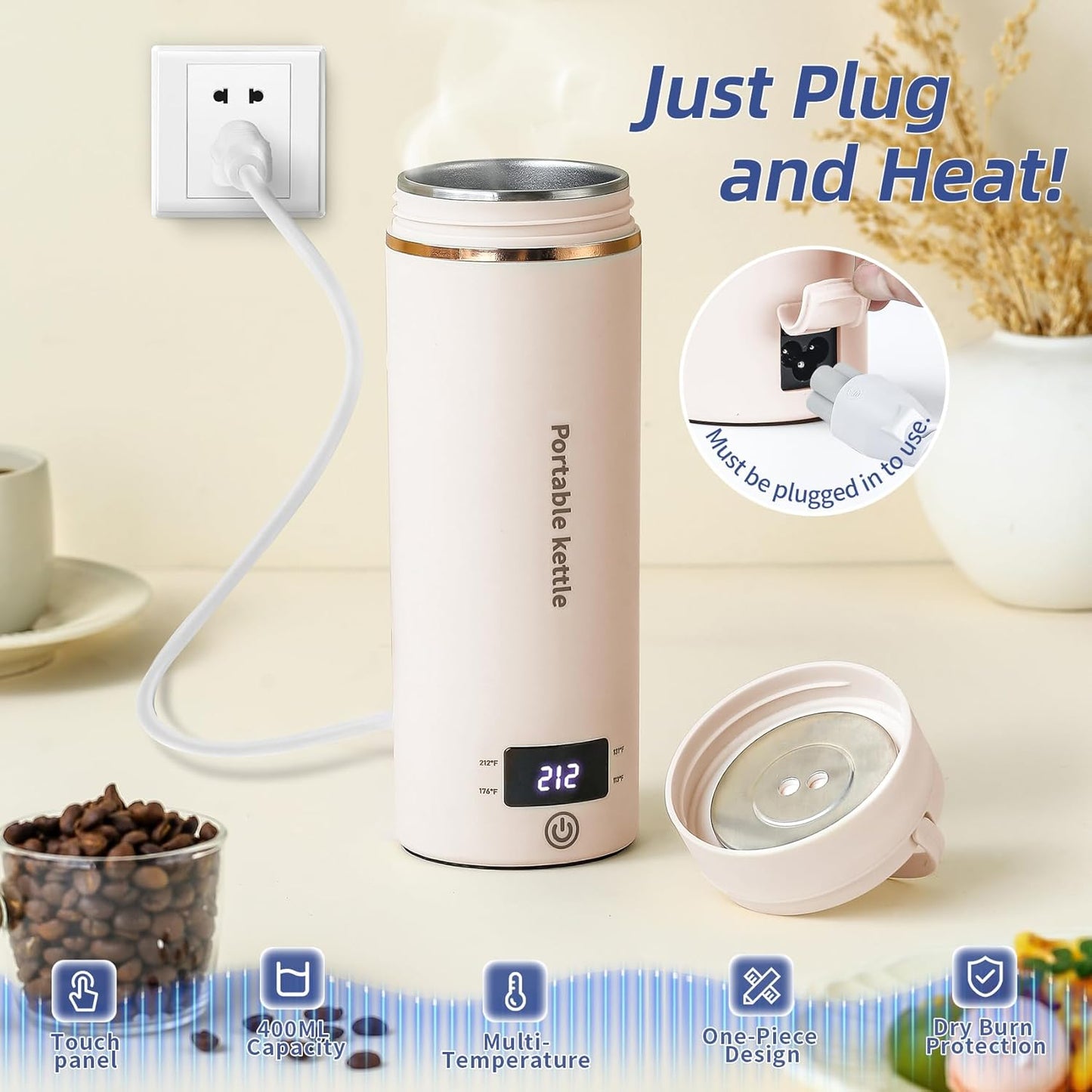 Travel Electric Kettle Portable Mini Kettle,Small Hot Water Boiler with 4 Temperature Settings,304 Stainless Steel,Fast Boiling Water with Auto Shut-Off and Boil Dry Protection,400ml (Beige, 400ML)