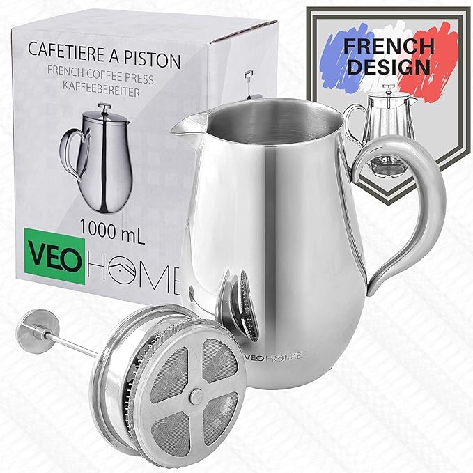 VeoHome - 1 Litre piston coffee maker - Unbreakable and keeps coffee hot for a long time thanks to its double stainless steel shell…