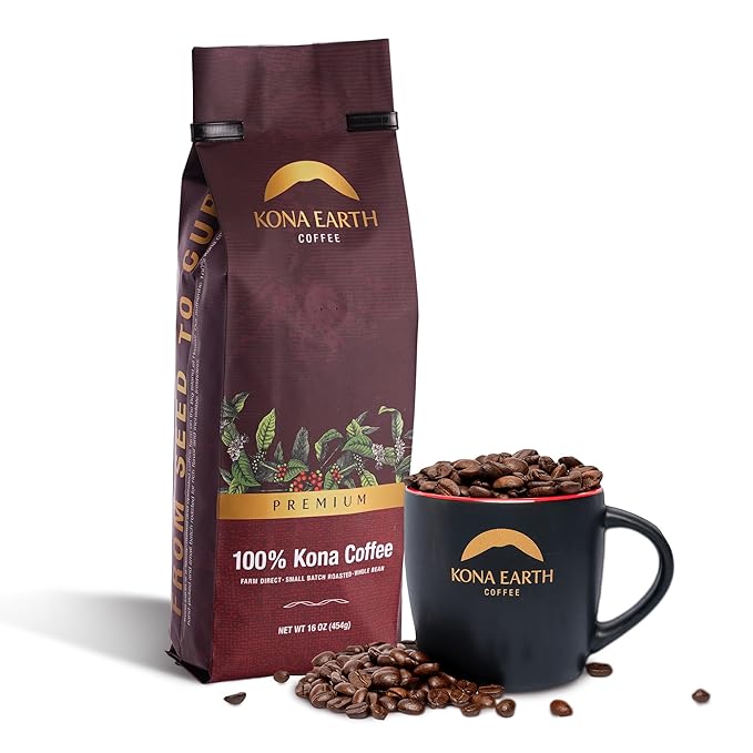 KONA EARTH 100% Kona Premium Coffee, Medium Roast, Whole Bean, 1 lb (16oz) Farm-Direct Authentic Hawaiian Kona Coffee beans from Hawaii’s Big Island, Micro-Batch-Roasted