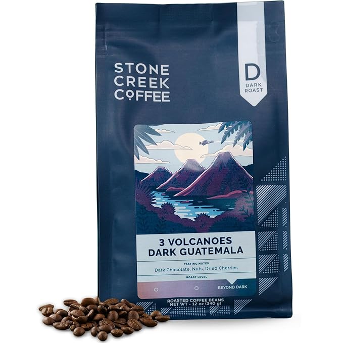 Stone Creek Coffee Dark Roast Whole Bean Coffee – 12 Ounce (Pack of 1) – Smooth Fresh Roasted Coffee Beans with Dark Chocolate Tasting Notes, 3 Volcanoes Dark Guatemala