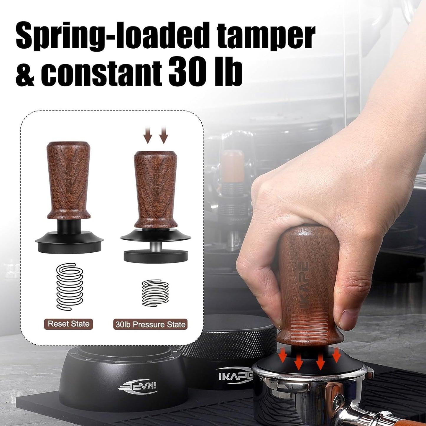 IKAPE 58.35mm Espresso Tamper, Spring-loaded Calibrated Tamper with Walnut Handle, Titanium Ripple Plating Base, Fits for Over 58mm Espresso Machine Bottomless Portafilter