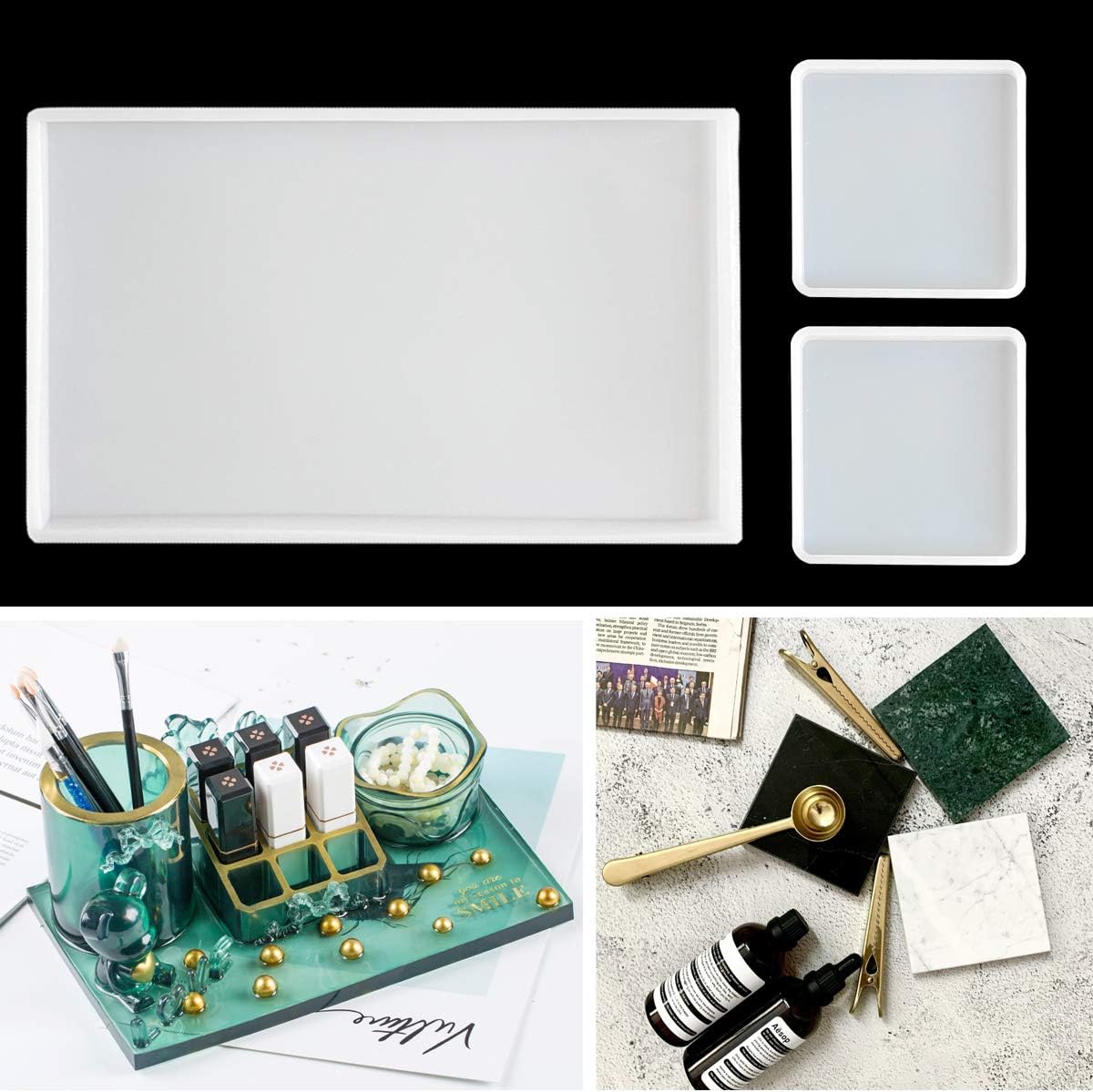 Large Silicone Resin Tray Molds,3PCS Agate Geode Coaster Resin Molds,Include Square,Rectangle Mold,Silicone Mold for Making Coaster,Trays,Cup Mats,Home Decoration