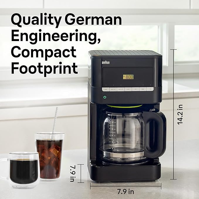 Braun Brew Sense 12 Cup Drip Coffee Maker - Pause & Pour Mid Brew, Programmable Coffee Machine with 24-Hour Timer & Clock, 1-4 Cup Functions, Self Clean, Auto Shutoff, Removable Filter Basket, Black