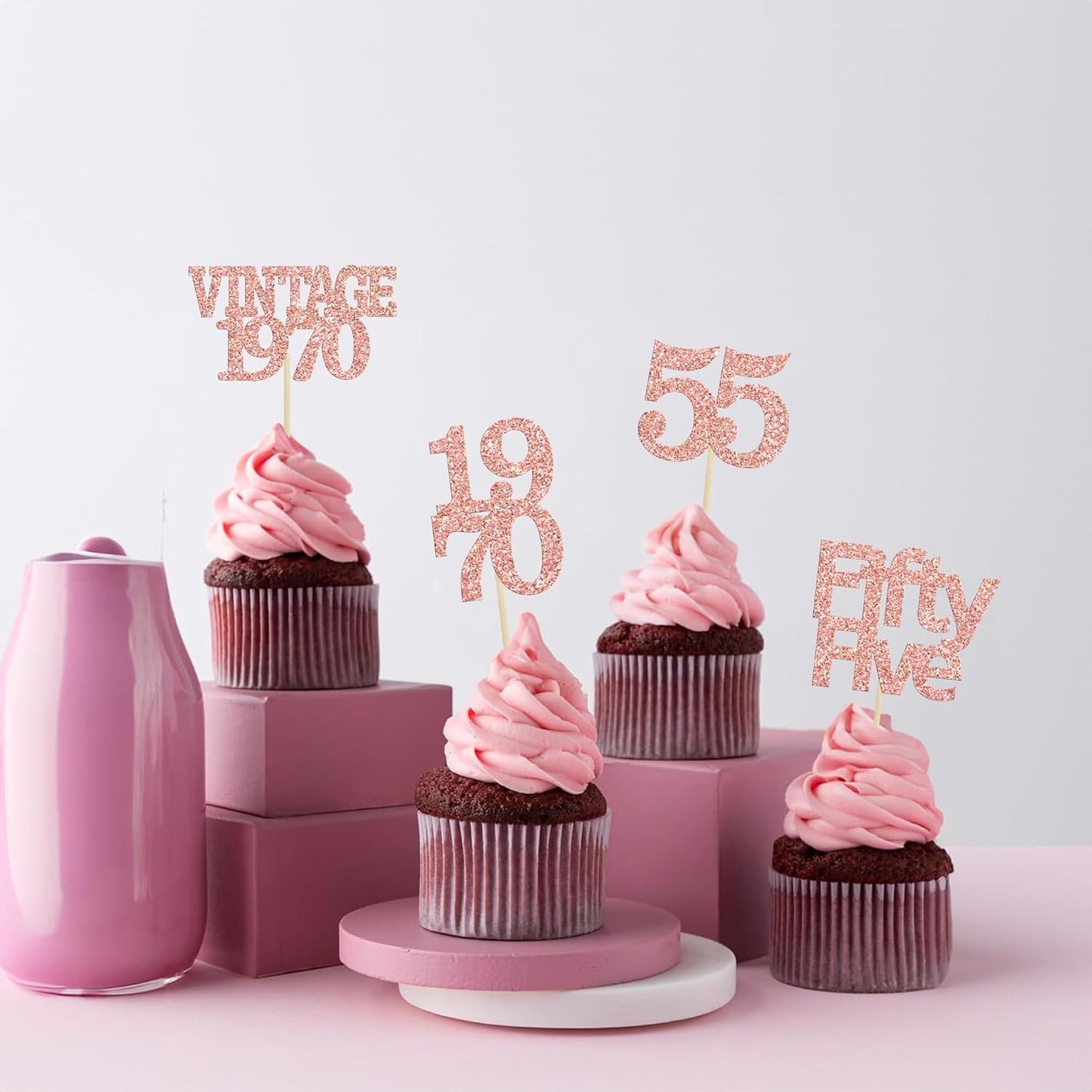 Gyufise 24Pcs 55th Birthday Cupcake Toppers Glitter Cheers to 55 Fabulous Fifty Five Vintage 1970 Cupcake Picks 55th Birthday Wedding Anniversary Party Cake Decorations Supplies Rose Gold