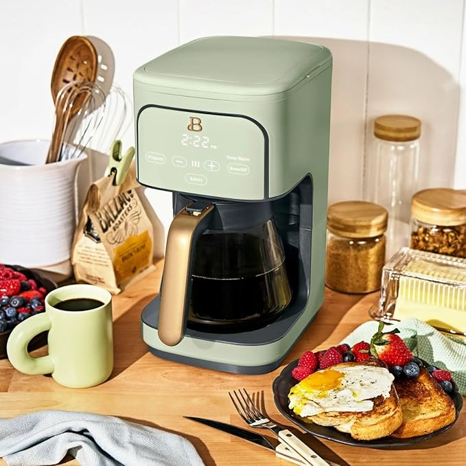 Beautiful 12-Cup Programmable Coffee Maker – Auto Brew, Digital Timer, Glass Carafe (Sage Green)