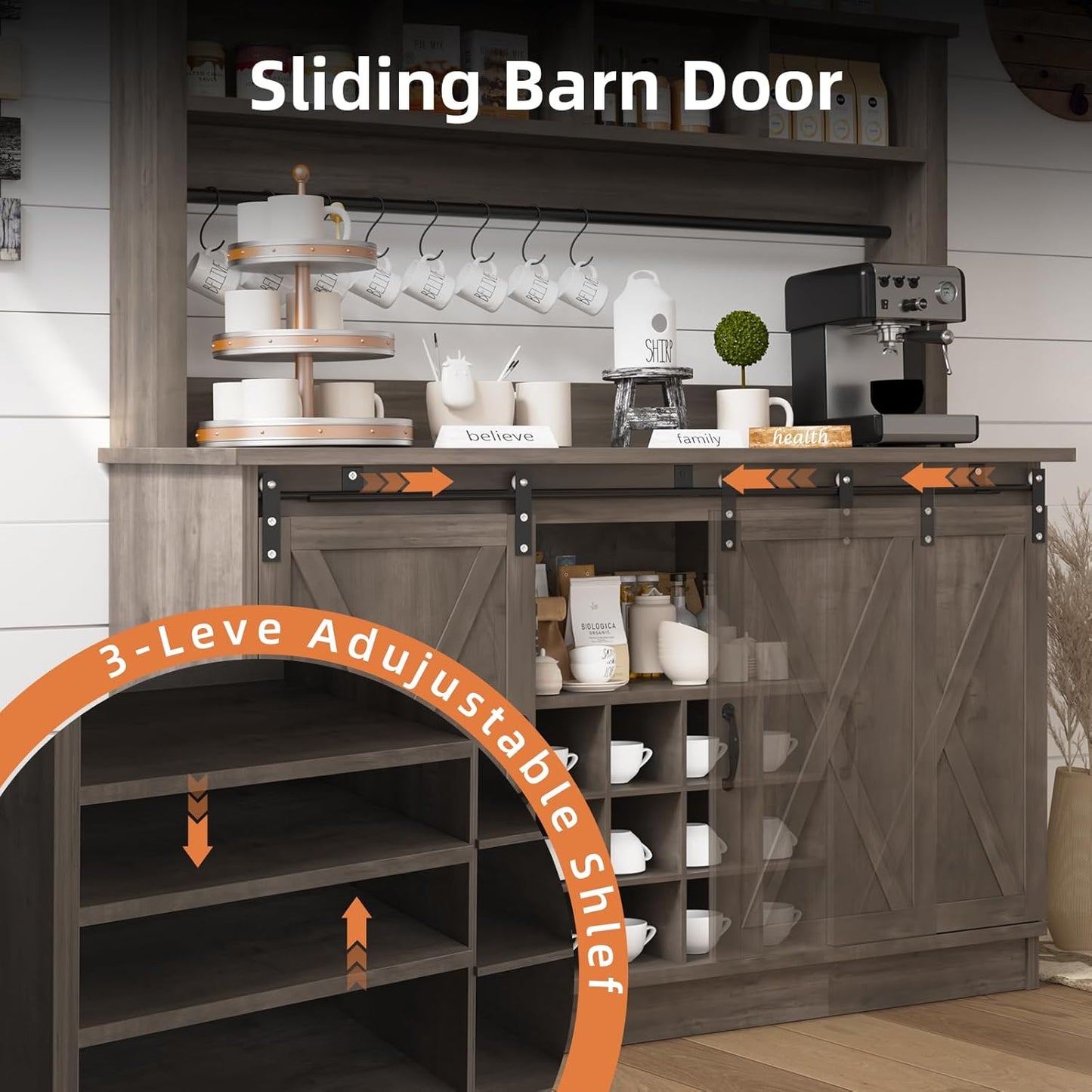 4ever2buy Farmhouse Coffee Bar Cabinet with 4 Storage Hutch, 55”Coffee Bar with Sliding Barn Doors, Hutch Cabinet with 12 Wine Racks & 8 Hooks for Dining Room, Kitchen, Wash Grey