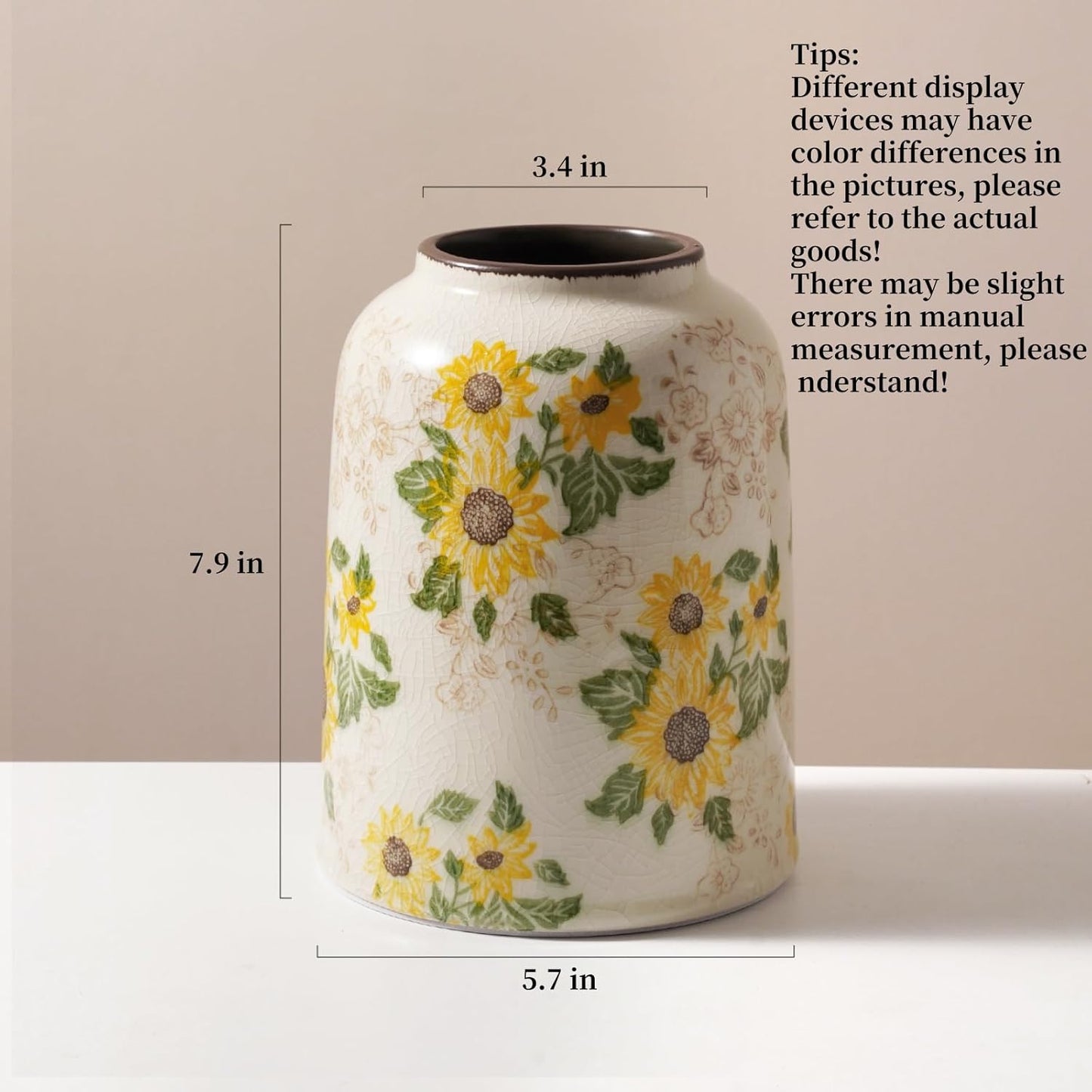 Vintage Ceramic Vase, 7.9 Inch Chinoiserie Sunflower Yellow Floral Vases, Retro Ice Cracked Rustic Antique Flower Vases for Modern Coffee Table Home Decor (Medium Cylinder)