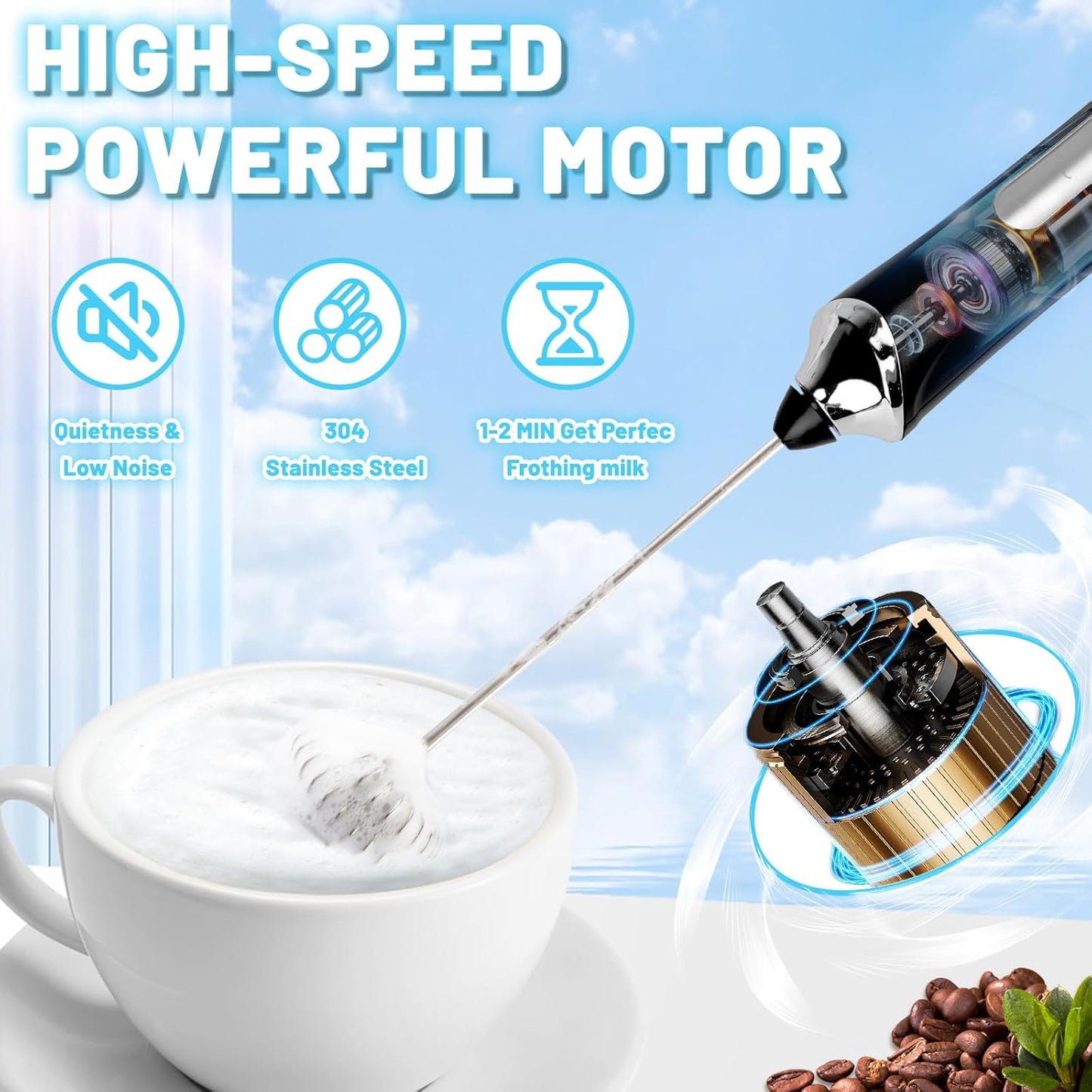 TonJin Milk Frother USB-C Rechargeable Handheld Frother Wand with 2 304 Stainless Whisks, New Upgraded 3 Speeds Coffee Whisk Frother Electric Drink Mixer for Lattes, Cappuccino, Egg, Matcha, Black