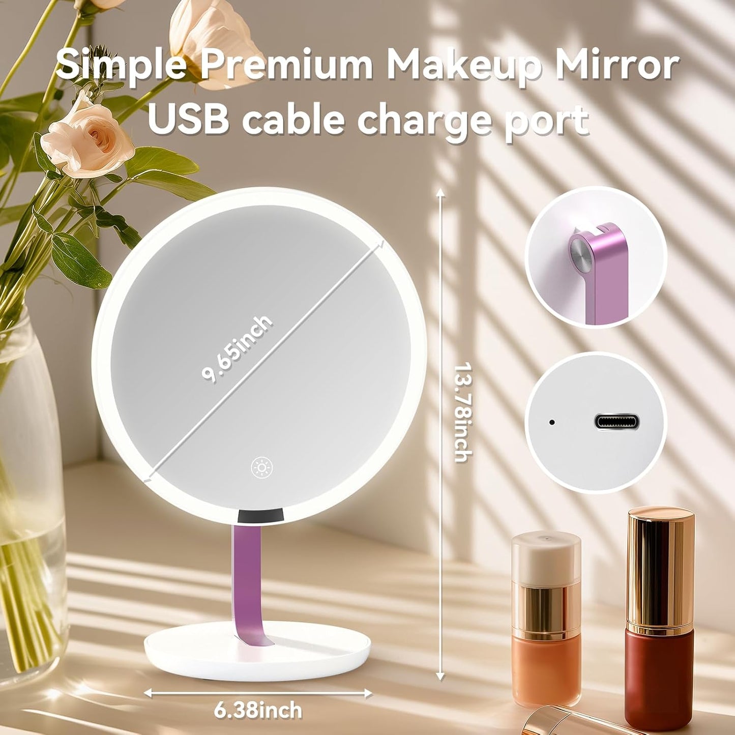 9.65-inch Lighting Makeup Mirror, 1x / 10x, Touch Control, 3-Color Adjustable, Metal Stand, up and Down Adjustable Makeup Mirror,High Color Rendering, Eye-Protecting Light Source,Pink