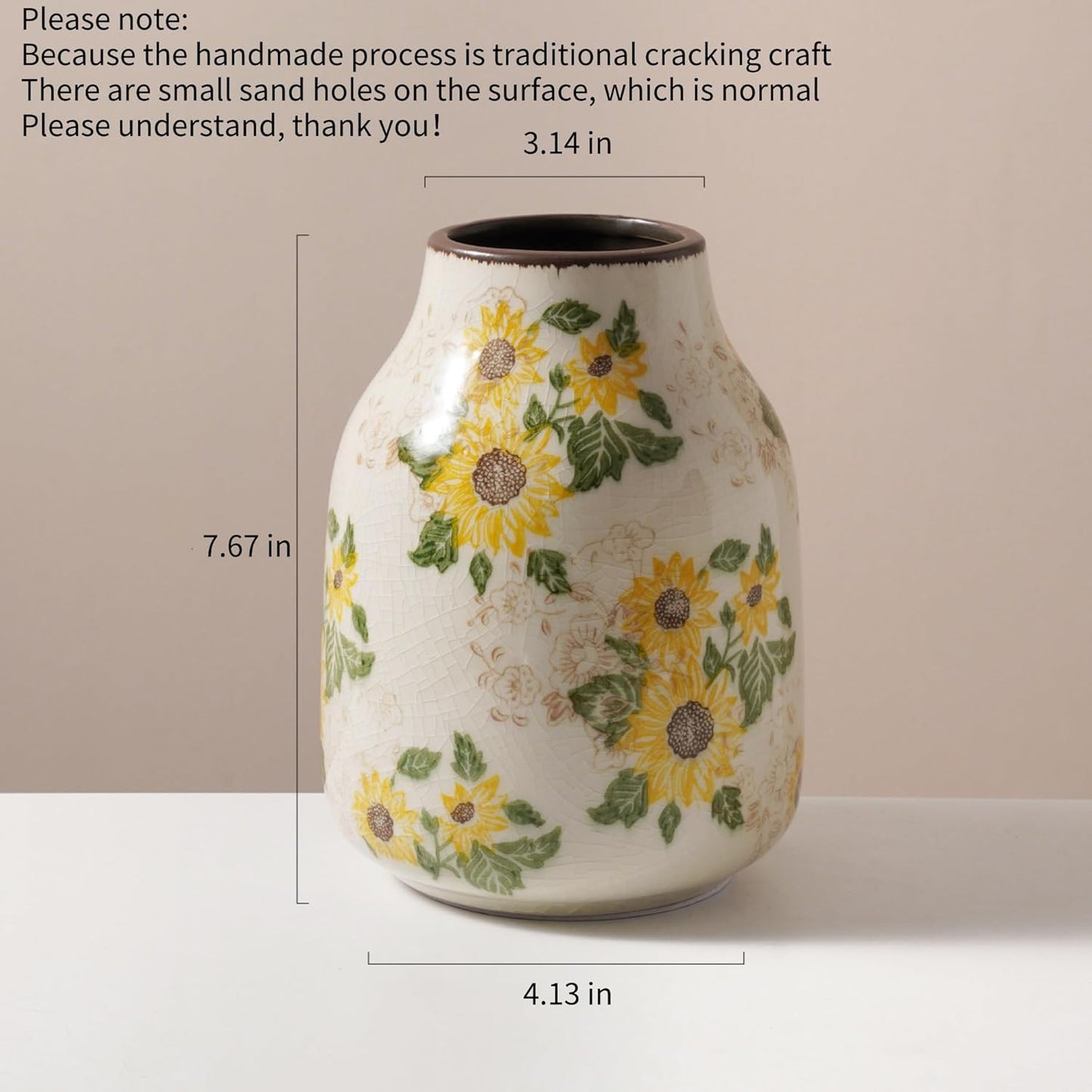 Vintage Ceramic Vase, 7.7 Inch Chinoiserie Sunflower Floral Vases, Rustic Farmhouse Antique Flower Vases for Home Decor Modern Aesthetic Tuscan Decorations (Conical)