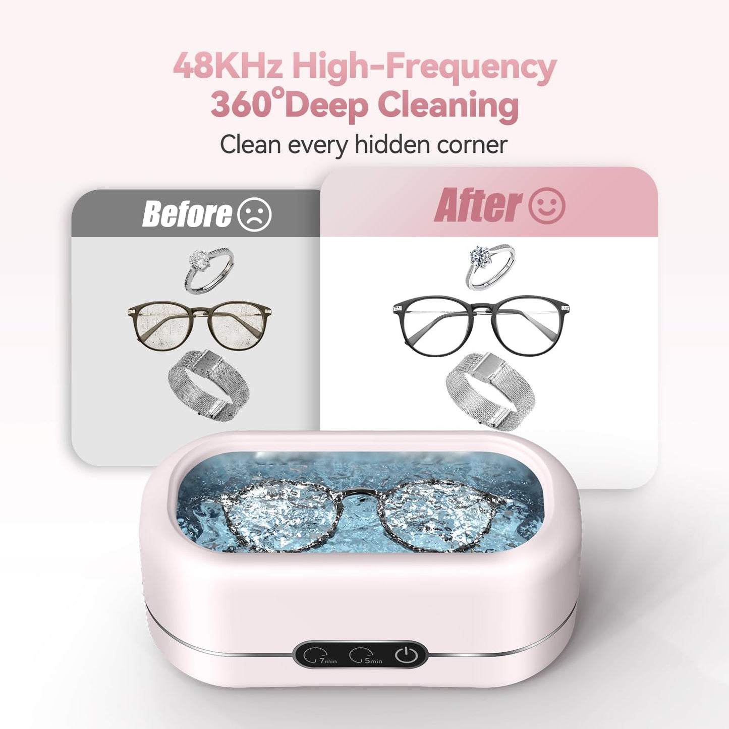 Ultrasonic Jewelry Cleaner, Upgraded 48KHz Ultrasonic Cleaner Machine with 304 Stainless Steel for Jewelry, Eyeglasses, Rings, Dentures, Watch Strap（Light Pink）