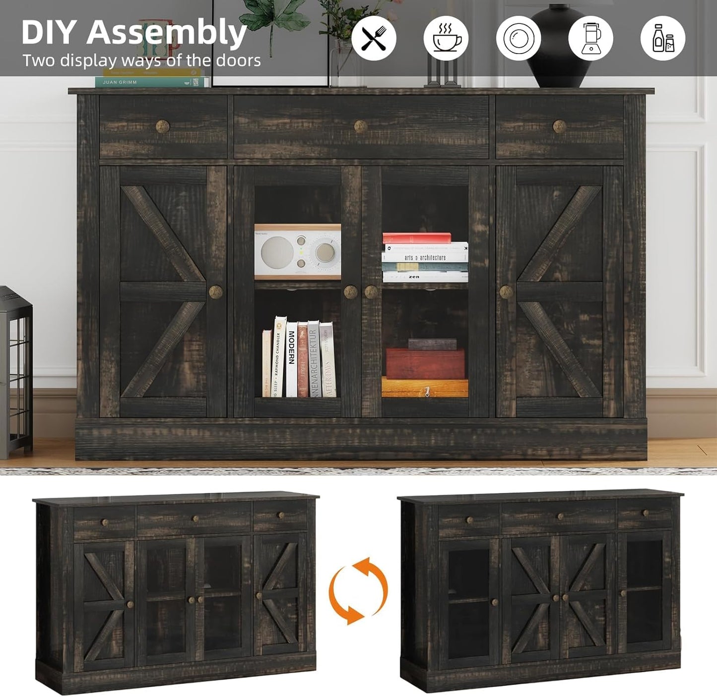 4 EVER WINNER 55" Coffee Bar with 4 Glass Doors and 3 Drawers, Sideboard Buffet Cabinet with Storage, Farmhouse Coffee Bar Cabinet with Adjustable Shelves for Kitchen, Dining Room, Rustic Oak