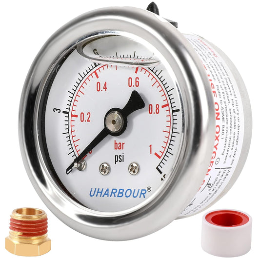 Glycerin Filled Pressure Gauge with 304 Stainless Steel Case, 1-1/2" Dial Size, 0-15Psi/Bar, High Accuracy, 1/8" NPT Center Back Mount…