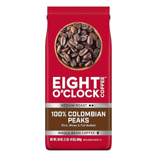 Eight O'Clock Coffee 100% Colombian Peaks Whole Bean Coffee, Medium Roast, 30 Ounce (Pack of 1) - Rich, Winey & Full Bodied