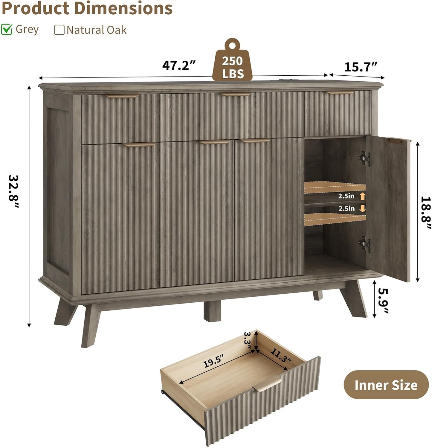 QUW Fluted Sideboard Buffet Cabinet with Charging Station, 47.2" Kitchen Storage Cabinet with Drawers and Adjustable Shelves, Modern Coffee Bar Kitchen Table for Dining Room, Living Room, Grey