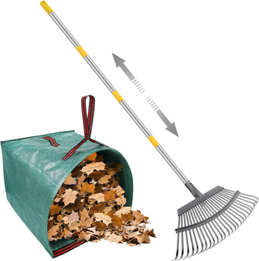42" to 75" Adjustable Heavy-Duty Metal Leaf Rake with 25 Tines, Includes 40 Gal Reusable Dustpan-Type Lawn Bag