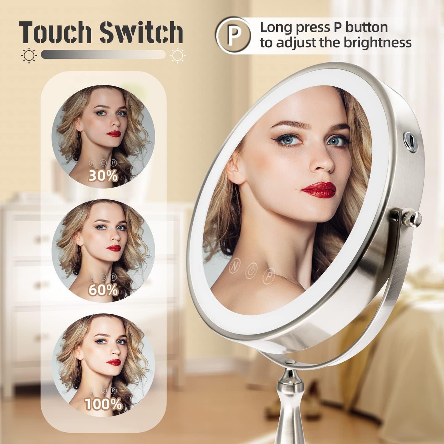 9 "Large Light Makeup Mirror, 1x / 10x True HD Magnifying Mirror, 3-Color Light dimmable, 2 Rechargeable Makeup Mirrors 360° Rotation, Standing Desk Makeup Mirror, Brush Nickel