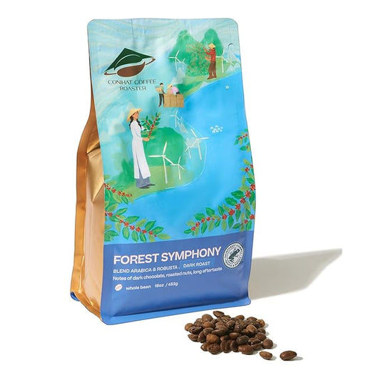 Conihat Whole Bean Coffee - Vietnamese Premium Arabica & Robusta Blend, Dark Roast, Dark Chocolate & Roasted Nut Notes, Bold & Long Aftertaste, Low Acid, Single Origin, Hand-Picked, 16 Oz Bag