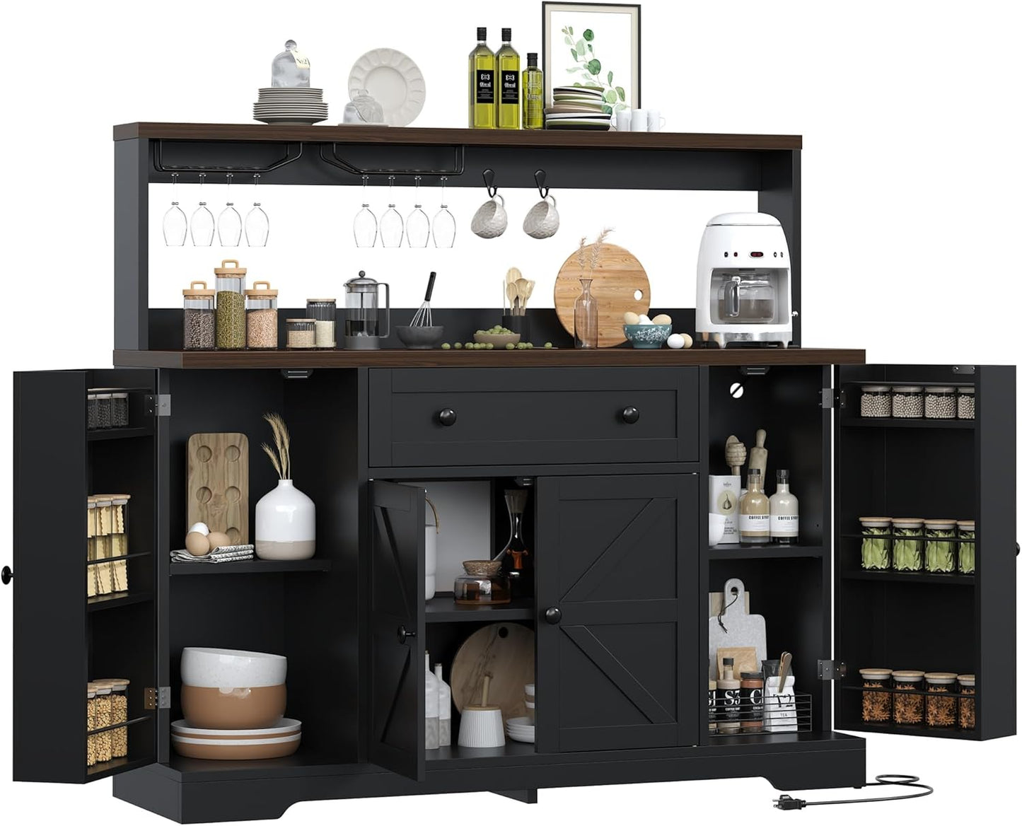 Hutch Storage Buffet Cabinet with Drawers, and Charging Station, Coffee Bar Cabinet with Barn Doors, Wine Rack and Hooks, White Wood Sideboard Buffet for Kitchen, Dining Room, 47.8" High