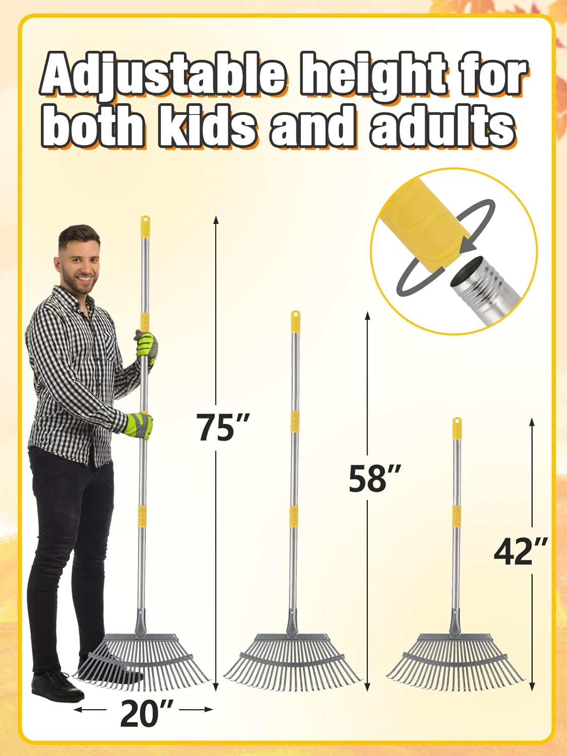 42" to 75" Adjustable Heavy-Duty Metal Leaf Rake with 25 Tines, Includes 40 Gal Reusable Dustpan-Type Lawn Bag