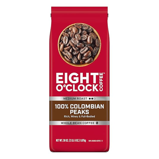 Eight O'Clock Coffee 100% Colombian Peaks Whole Bean Coffee, Medium Roast, 38 Ounce (Pack of 1) - Rich, Winey & Full Bodied