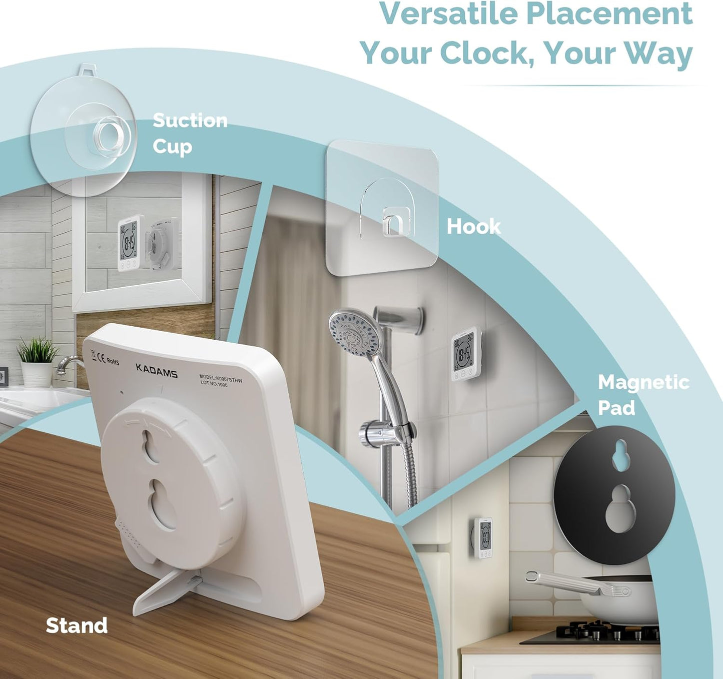 KADAMS Shower Clock Waterproof Bathroom Timer – Digital Wall Clock with Countdown, Magnetic Kitchen Clock with Temperature & Humidity, Suction Cup for Kids Shower Spa Sauna Cook Bath, White