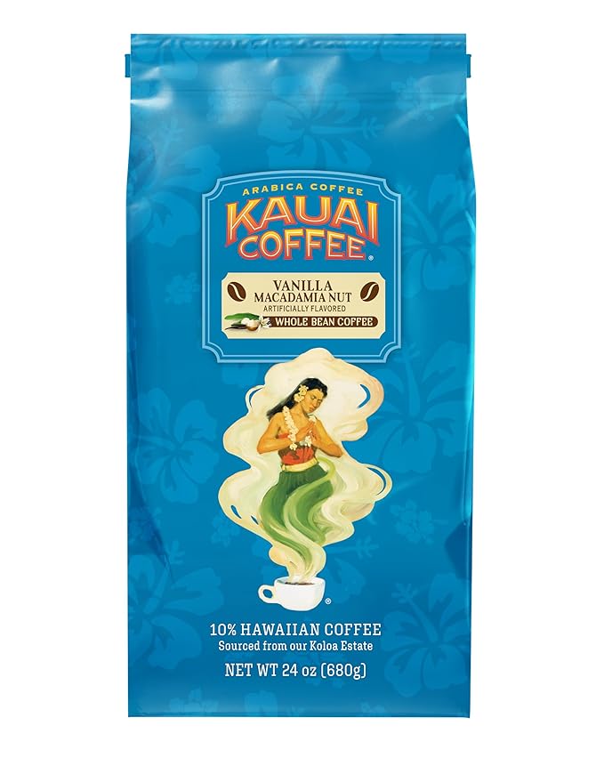 Kauai Coffee Whole Bean Coffee – Smooth, Non-Bitter Medium Roast Pure Arabica – Sweet Aroma, Hint of Nuttiness – Grown on Hawaii's Largest Coffee Farm – Vanilla Macadamia Nut, 1 Pack of 24oz