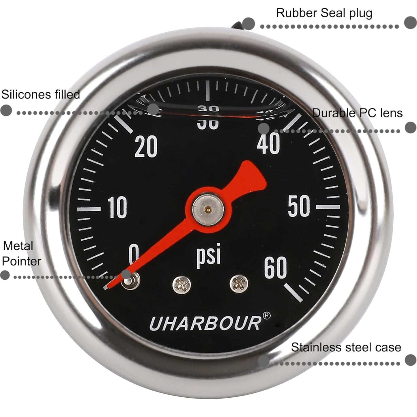 Glycerin Filled Pressure Gauge with 304 Stainless Steel Case, 1-1/2" Black Dial, 0-60Psi, High Accuracy, 1/8" NPT Center Back Mount…