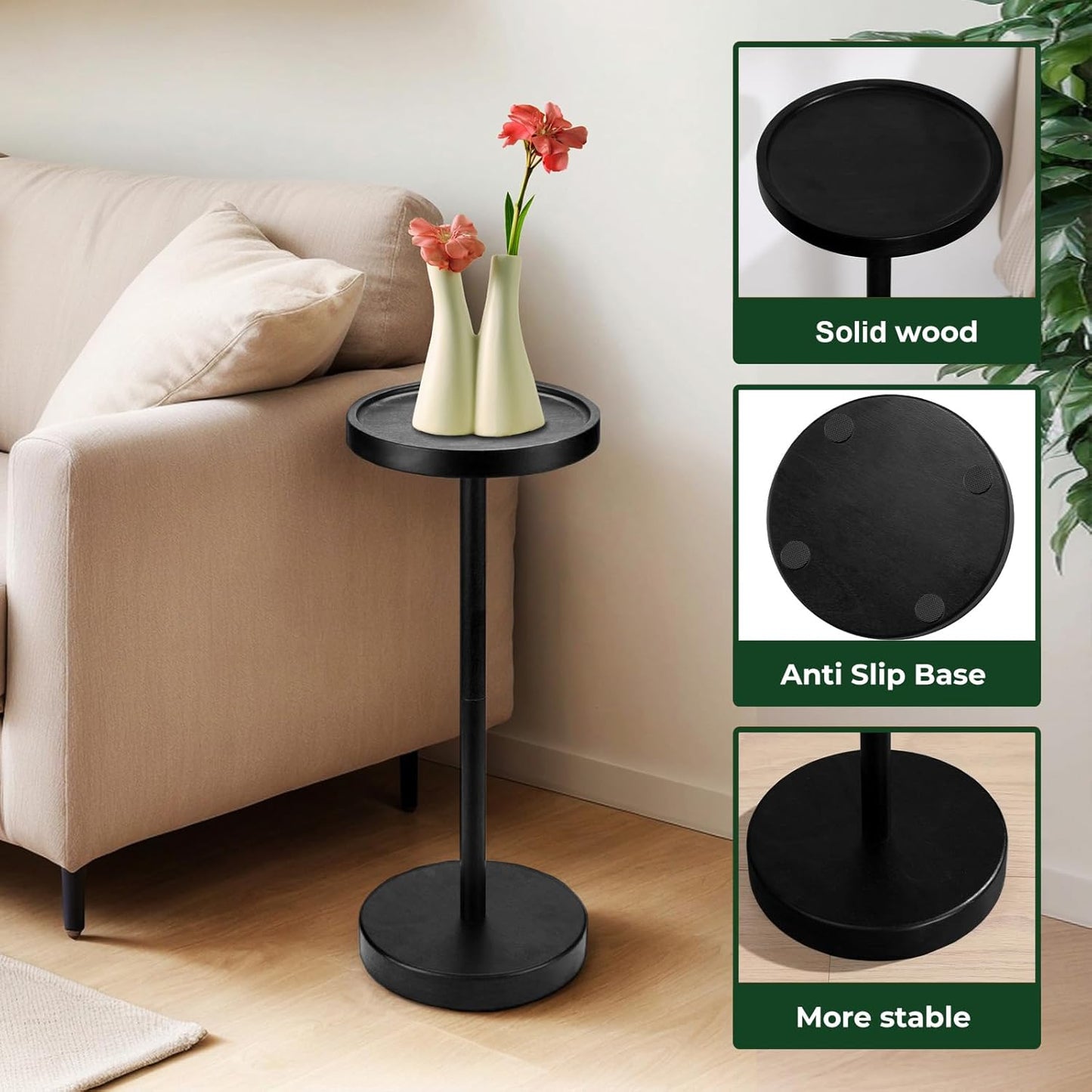 Solid Wood Pedestal Side Table Black Color, Drink Pedestal, End Corner Table Small Round Martini Table