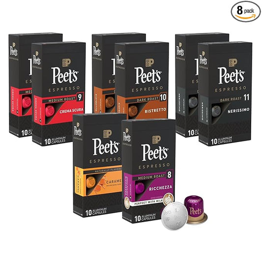 Peet's Coffee, Dark Roast Espresso Capsules Variety Pack, Compatible with Nespresso Original Machine - Intensity 8-11, 80 Count (8 Boxes of 10 Espresso Capsules)