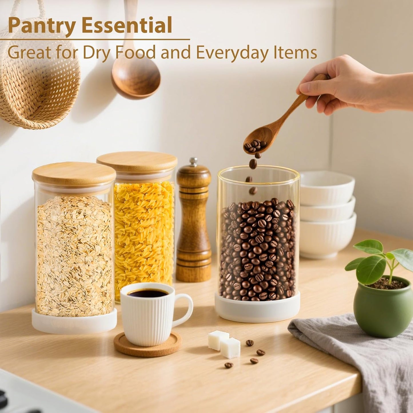 53oz Round Glass Storage Containers with Bamboo Lids – 4 Pack Large Airtight Glass Jars for Pantry Organization, Kitchen Dry Food, Flour, Cereal, Coffee Beans & Staples