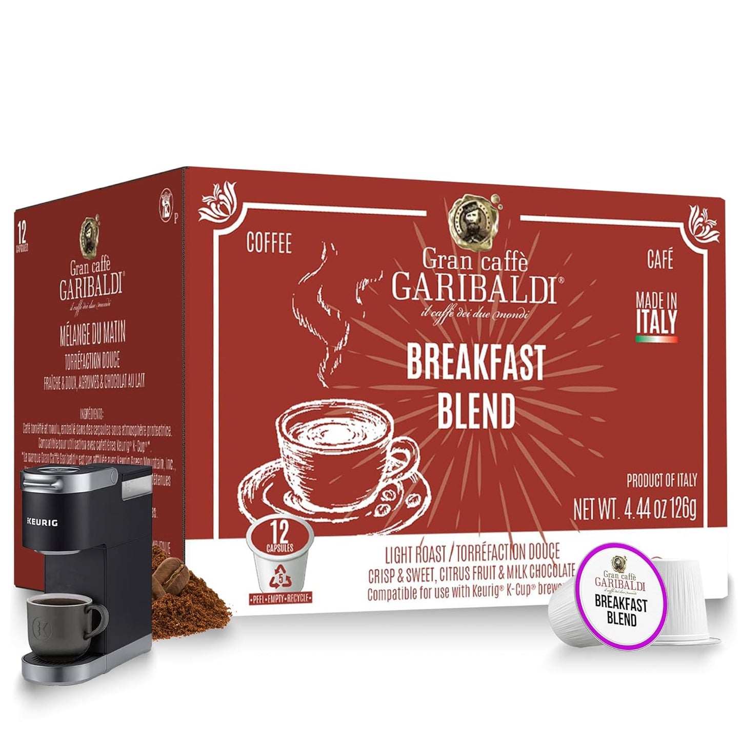 Caffè Garibaldi Breakfast Blend Coffee Pods, Single-Serve Capsules for Keurig K-Cup Brewers, Single Serve Cups with 100% Arabica Blend, 12 Count Recyclable Coffee Pods - Light Roast